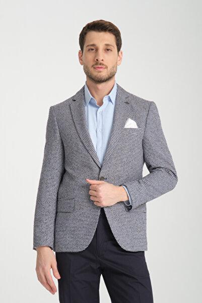 Frappoli Pico Erkek Koyu Lacivert Kendinden Desenli Örme Kumaş Slim Fit Mono Yaka Dar Kesim Blazer Ceket