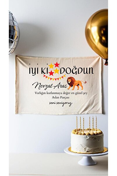 Puppetzzz İsimli Doğum Günü Arka Fon Flama Afiş Duvar Halısı 65x100cm Aslan P...