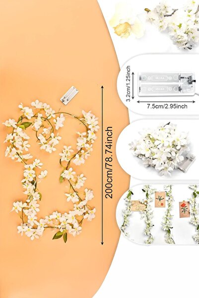 Buka Shops Beyaz Kiraz Çiçeği ve 3 Metre LED Işık Seti - Yapay Sarmaşık Çiçek - Sökülebilir Çiçekler!