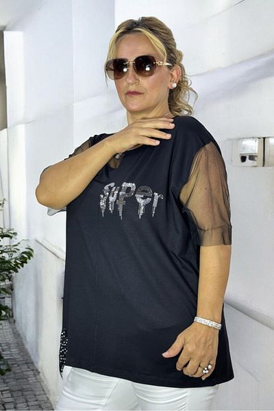 yagmurberen ''Super'' Μπλούζα με λαιμόκοψη με πέτρα με πεταλούδα - κοντό μανίκι από τούλι, εξαιρετικά μεγάλο μέγεθος