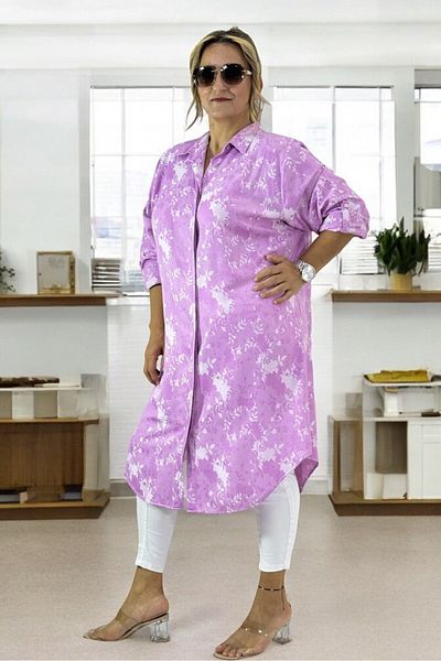yagmurberen Leaf Print - Buttoned Long Sleeve - Folding Tunic Dress - Oversize Large Size