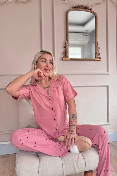Pijamaevi Set de pijamale cu mânecă scurtă, cu nasturi în față, din bambus, cu model de noapte înstelată