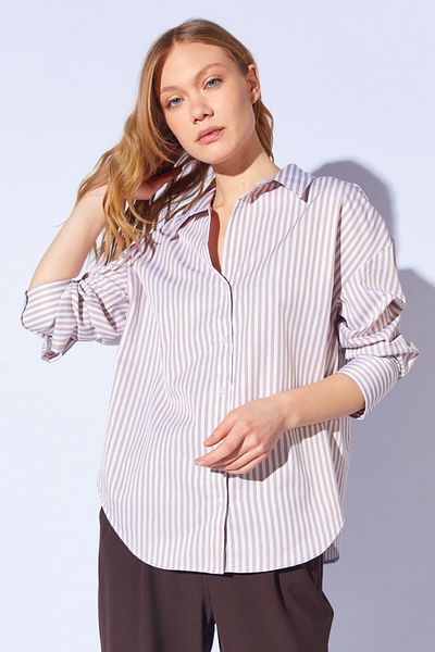 Manche Light Beige Oversize Basic Women's Line Shirt |   Mks 167429 -01