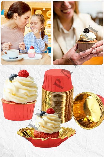 Kent Pazarı 48 Pieces Aluminum Foil Paper Cake Mold Red Birthday Muffin Cake and Paper