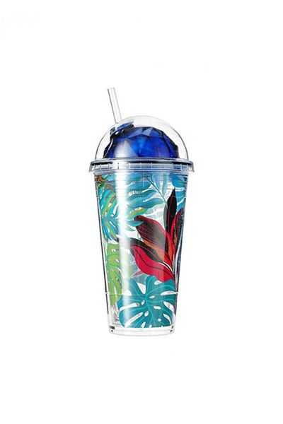 Miniso Tropical Forest Series Plastic Cup with Straw 450ml - Blue
