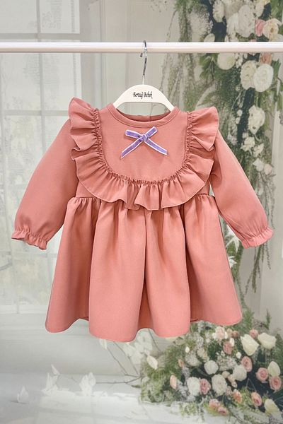 Bertuğ Bebek Ruffles and Ribbon Detailed Salmon Crepe Girls' Dress Special Occasion Birthday Dresses
