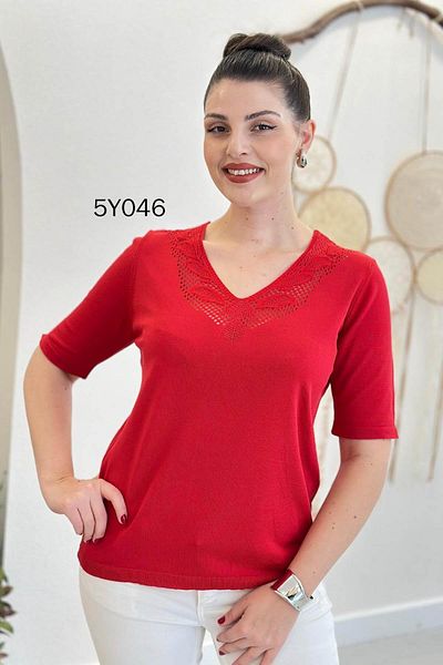 İnce Topuk V-Neck Openwork Mercerized Knitwear Blouse 5Y046