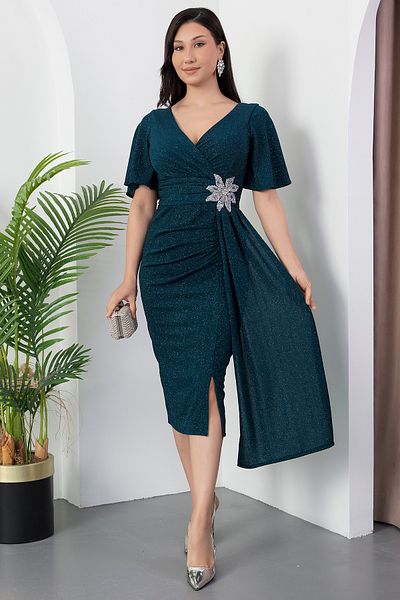 PULLIMM Rochie cu guler dublu cu talie cu flori cu pietre 39937