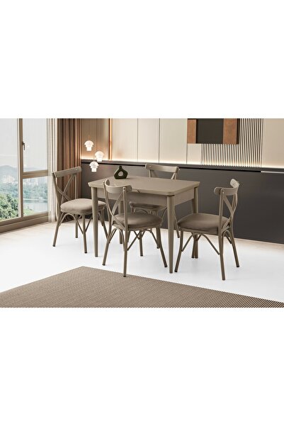 Evistro Kelebek Cappicino Ahşap Salon Yemek Masa Sandalye Takımı 4 Çapraz Sandalyeli Ortadan Açılır 70x120cm