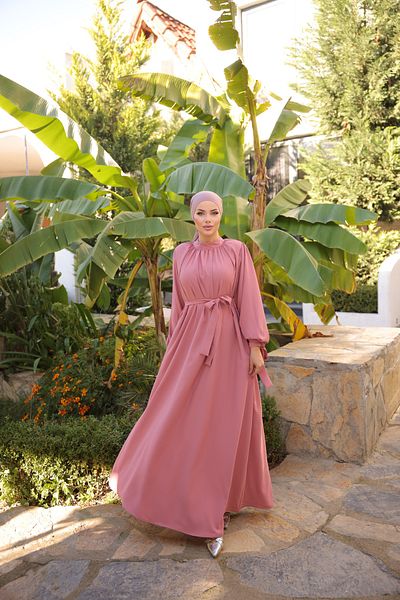Zaure Women's Hijab Collar Gathered Sleeves Ribbon Dress