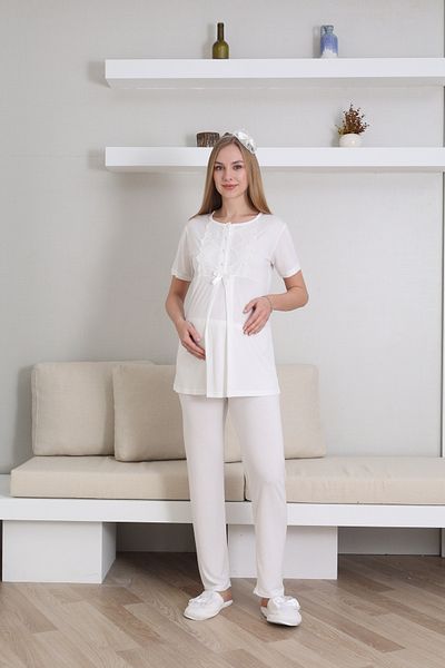 ERDENİZ TEKSTİL Laced Sleeves Dressing Gown Button Collar Short Pajama Set Set of 3