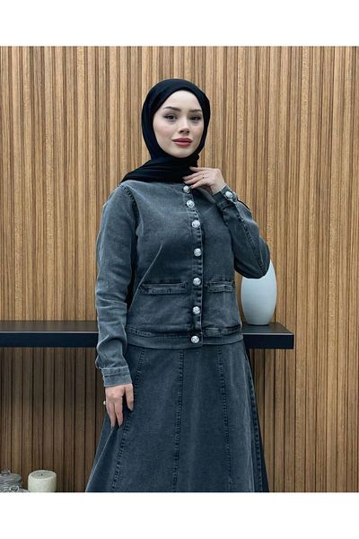 Cardella Jean Set - Silver Button Detail Skirt and Jacket