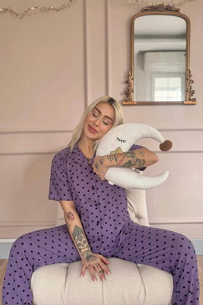 Pijamaevi Purple Chic Polka Patterned Bamboo Front Buttoned Short Sleeve Pajama Set