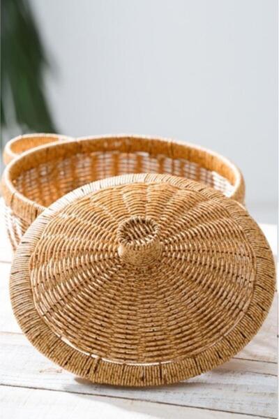 Digithome Rattan Hasır Kapaklı Çok Amaçlı Depolama Mutfak Banyo Sepeti 23 Cm Kahverengi