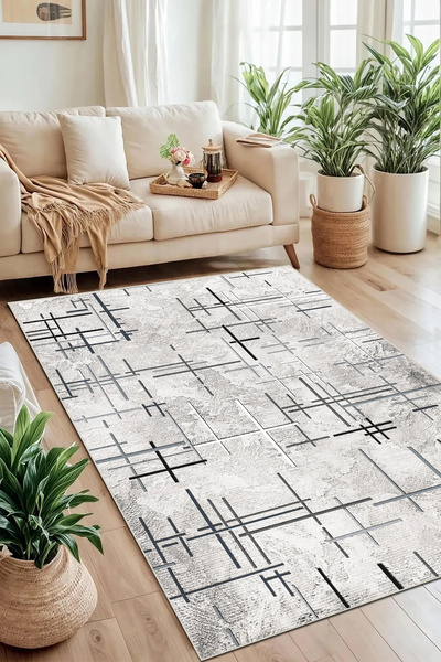 MUA HOME DECOR Geometrik Çizgili  Dijital Baskı Yıkanabilir Kaymaz Taban Salo...