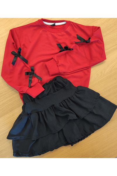 GZT TEKSTİL Children's Girl's Suit with Ribbon Sleeves and Skirt