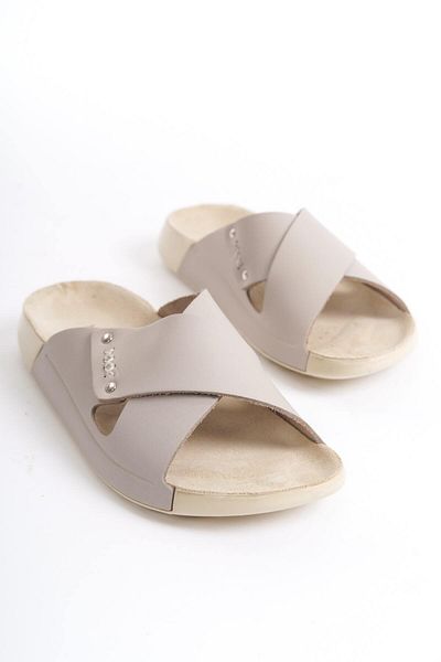 Mubiano Summer Women's Cross Strap Genuine Leather Beige Slippers -Mssr56-Bj