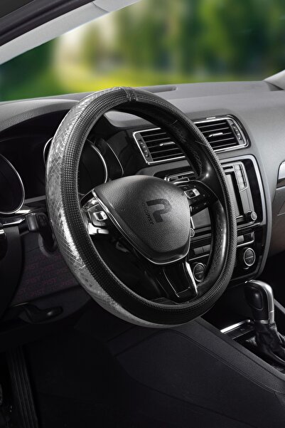 wimbledon Parlak Dokulu & Karbon Geçmeli Direksiyon Kılıfı | Siyah-gümüş