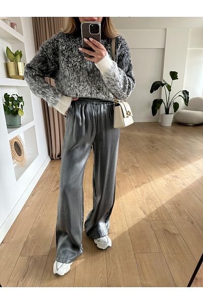 solena sln Women's Elastic Waist Shiny Satin Trousers