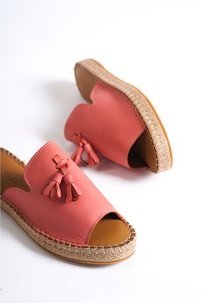 Mubiano 605-gk Genuine Leather Tasseled Dusty Rose Women's Espadrille Slippers