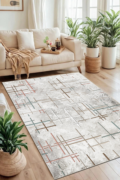 MUA HOME DECOR Geometrik Çizgili  Dijital Baskı Yıkanabilir Kaymaz Taban Salo...