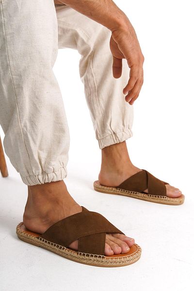 Mubiano Ανδρικές καλοκαιρινές παντόφλες Espadrille - Γνήσιο δέρμα, Suede Cross Strap, Σόλα από γιούτα - Taba -mssr5959-tb