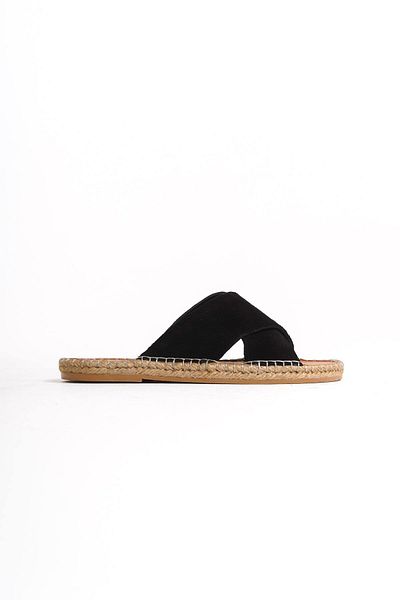 Mubiano Papuci espadrille negri pentru bărbați - piele naturală, piele de căprioară, curea încrucișată, talpă din iută - mssr5959-s