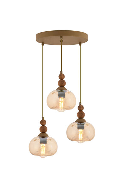 Apliqa Vinta 3'lü Yuvarlak Eskitme Ahşap Detaylı Bohem Salon Sarkıt Avize