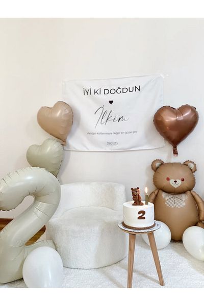 Çemrek Süs Parti 2 Years Old Foil Balloon Brown Heart Foil Balloon and Bear Foil Balloon Set 10 Pieces
