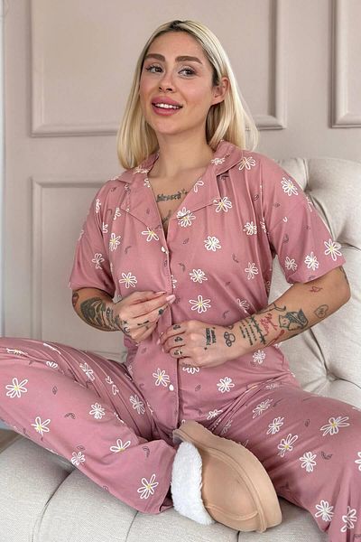 Pijamaevi Tmavě růžová sada pyžama s krátkým rukávem s bambusovým vzorem s předním knoflíkem