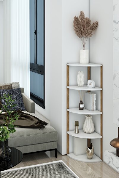 Jest Dekor Konsept Zümrüt Beyaz 5 Katlı Üçgen Ahşap Çok Amaçlı Sehpa / Saksıl...