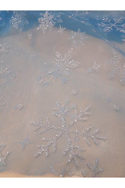 Safir Kumaş Elsa Frozen Kar Tanesi Desenli Simli Tül (150 cm× 3 Metre)