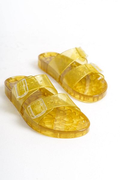 Mubiano Γυναικείες καλοκαιρινές παντόφλες Jelly - Διαφανές χρυσό και λεπτομέρεια γκλίτερ, Flat Design-mstb165-sas