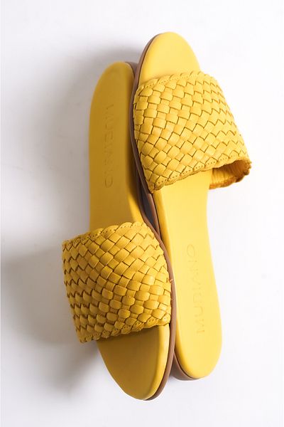 Mubiano 655-sr Genuine Leather Women's Straw Look Yellow Flat Slippers
