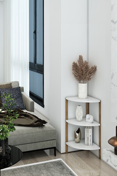 Jest Dekor Konsept Zümrüt Beyaz 3 Katlı Üçgen Ahşap Çok Amaçlı Sehpa / Saksıl...