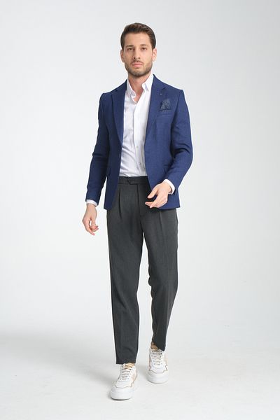 Frappoli Ανδρικό Fevula Blazer - Μπλε μονόχρωμο γιακά με διαγώνιο σχέδιο, λεπτή εφαρμογή, σπορ μπουφάν μεγάλου μεγέθους