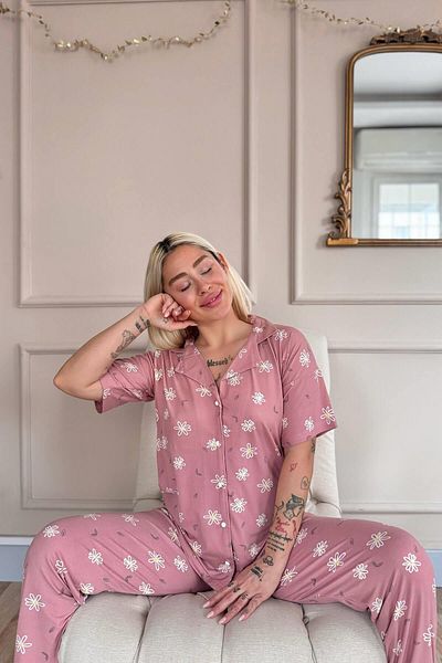 Pijamaevi Tmavě růžová sada pyžama s krátkým rukávem s bambusovým vzorem s předním knoflíkem