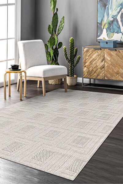 dekozer Beren Jüt Görünümlü Ekru Geometrik Kilim – Modern Desen, Tozumaz ve R...