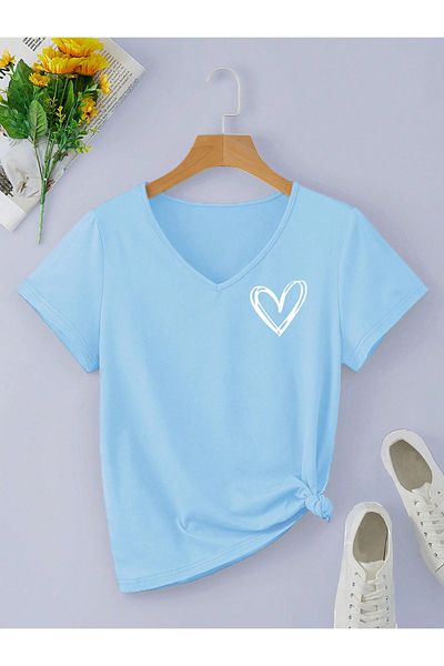 mercoledi Tricou oversize cu decolteu în V cu imprimeu inimă Loose Boyfirend