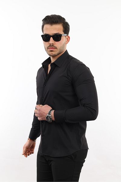 TOUSUS Черна мъжка риза Slim Fit - дълъг ръкав, лесно гладене, държач за вратовръзка, 4 Seasons SLM-5110-TSS