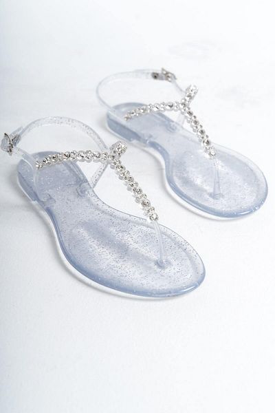 Mubiano Sandale cu jeleu transparent gri pentru damă - Detaliu cu piatră cu sclipici, model plat - MSTB7070-SGS