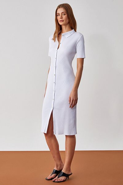GRIMELANGE Mountya Women's Buttoned Slim Shirt Collar White Dress