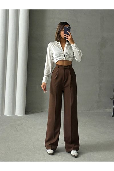 BE CHİC Women's Extra High Waist Agrafed Atlas Fabric Palazzo Pants with Pockets G9671