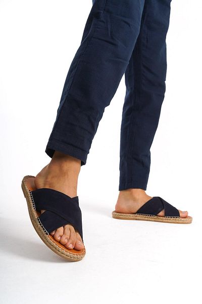Mubiano Papuci de vară espadrille pentru bărbați - piele de căprioară naturală, curea încrucișată, talpă din iută, albastru bleumarin -mssr5959-lcv