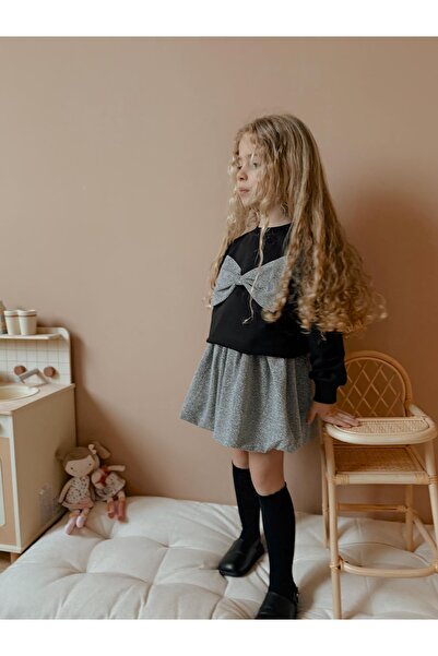 patriko tekstil Ribbon Detail Silvery Girl's Balloon Skirt Bottom Top Set