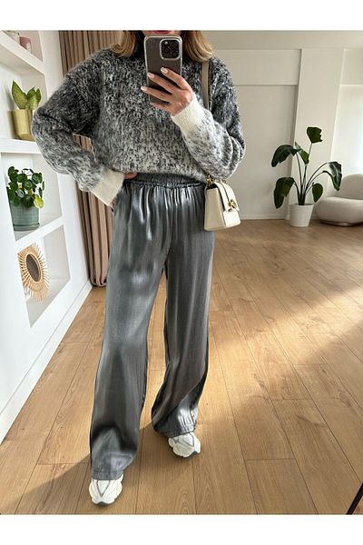 solena sln Women's Elastic Waist Shiny Satin Trousers