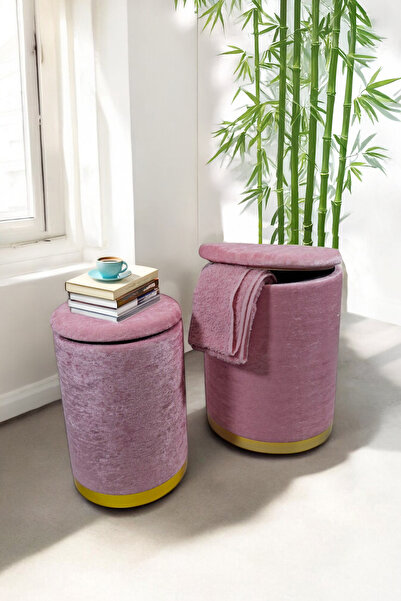 Arte Cotone 2'li Pembe Kadife Kumaş Dekoratif Silindir Sandıklı Puf Seti