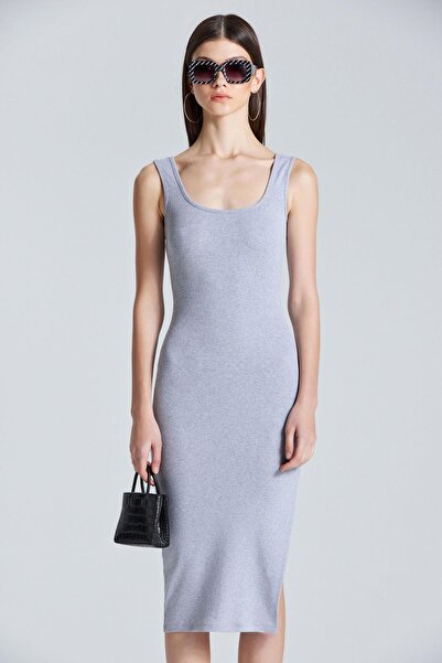 World Fashion Trends 2467 Gray Dress with Straps and Slit Detail