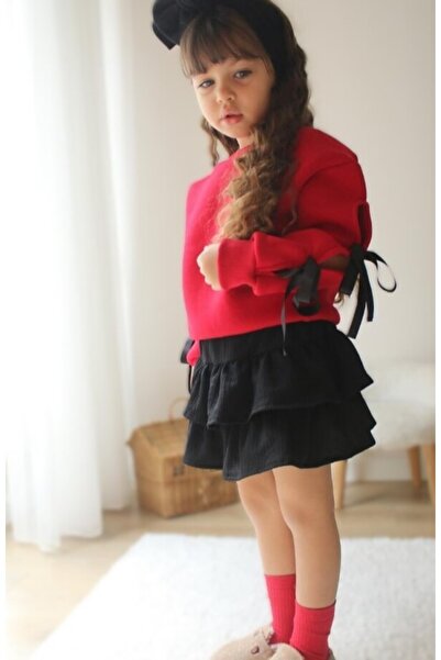 GZT TEKSTİL Children's Girl's Suit with Ribbon Sleeves and Skirt