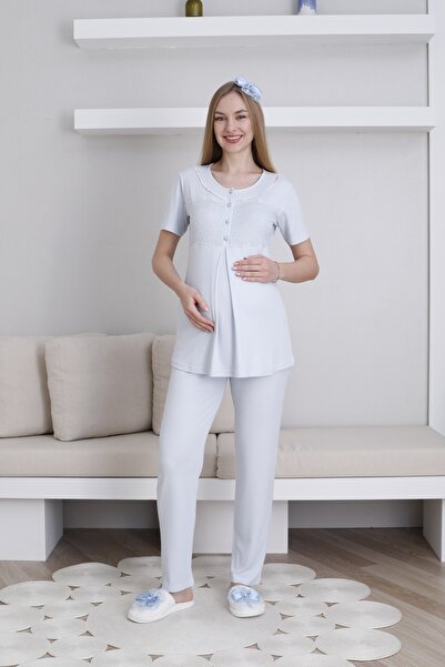 ERDENİZ TEKSTİL Melisa Kumaş,Çiçekli Sabahlıklı Düğme Yakalı Lohusa-Hamile Pijama Takımı 3'lü Takım